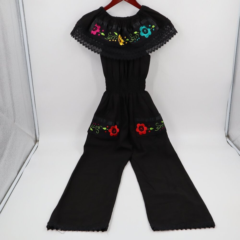 Unbranded Jumpsuit Womens XS Black Floral Embroidered Off Shoulder Wide Leg Lace